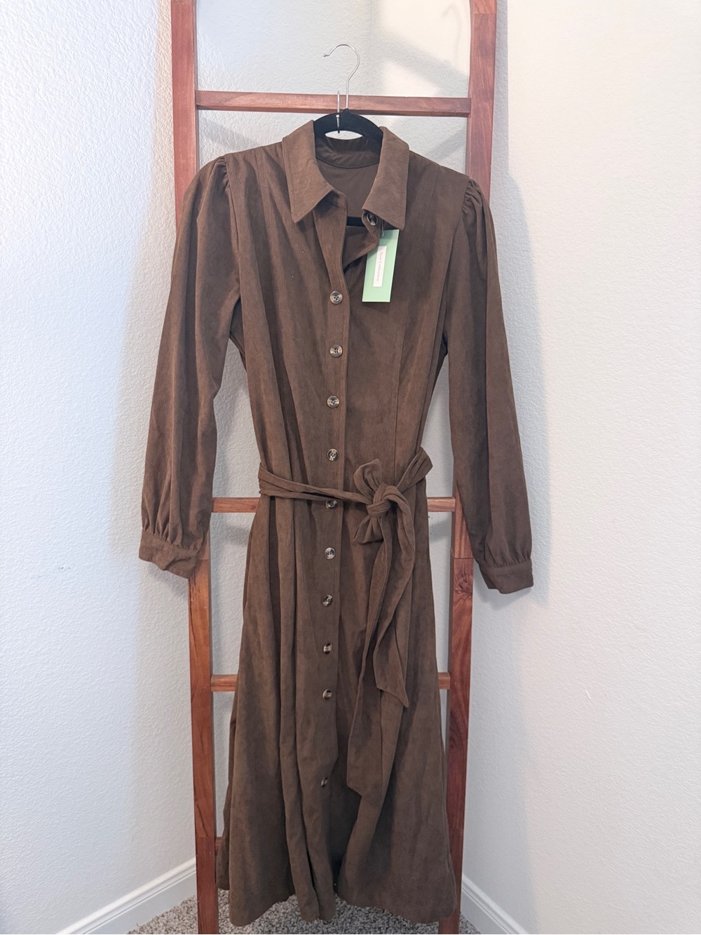 Women's Brown Button-Front Midi Shirt Dress with Tie Waist